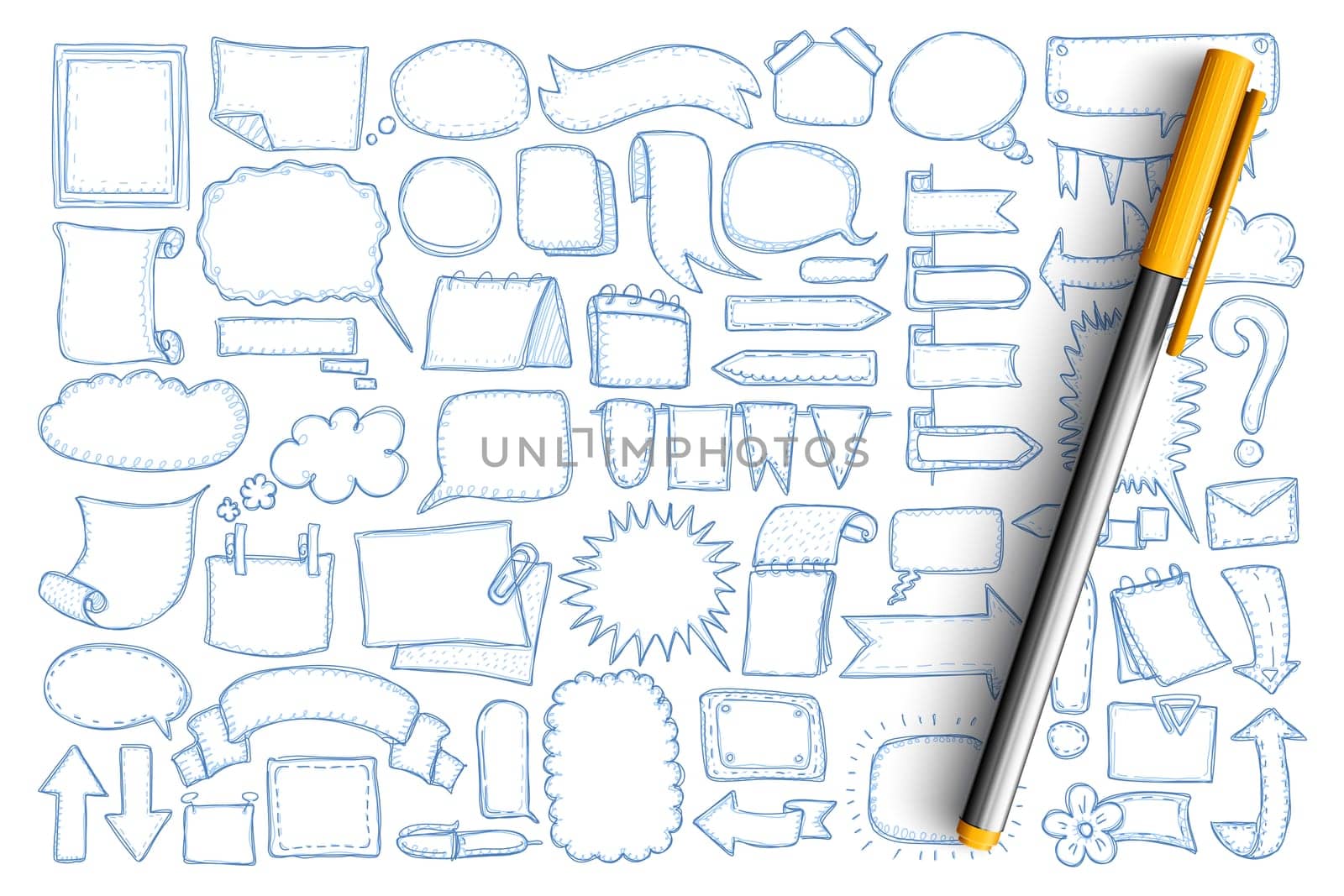 Arrows and chat baubles doodle set. Collection of hand drawn different directions arrows, indicators, flags, chat message communication bubbles and blank symbols isolated on transparent background