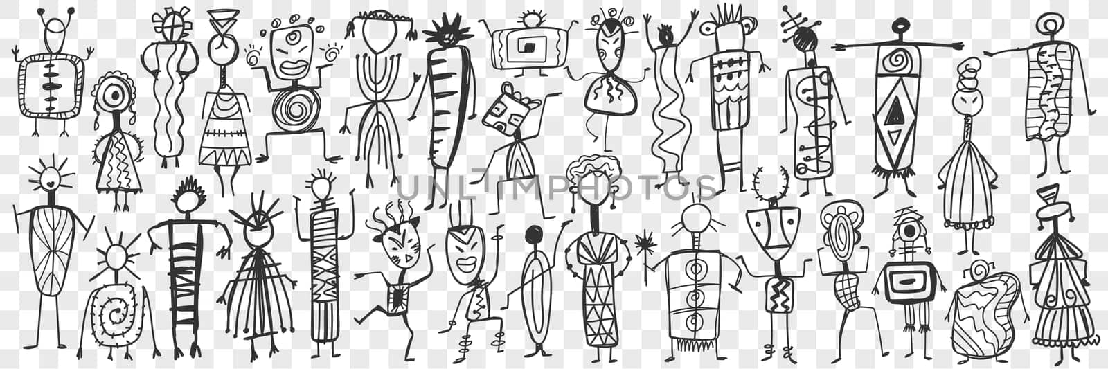 Rock painting human figures doodle set. Collection of hand drawn figures of people and creatures drawn on rock in ethnic oriental manner isolated on transparent background. Illustration of ancient art
