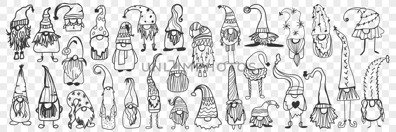 Cap for gnome doodle set. Collection of funny hand drawn cute gnomes elf wearing caps covering eyes and face isolated on transparent background. Illustration of scandinavian traditional characters hat