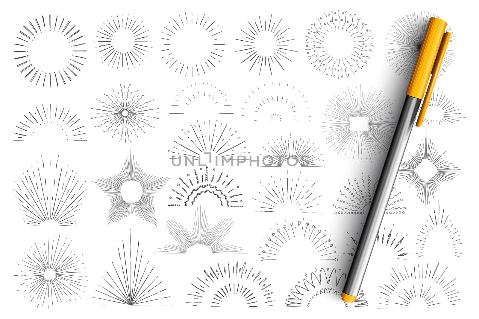 Star and sun rays doodle set. Collection of hand drawn minimal silhouettes of sun and star with out coming rays in different directions isolated on transparent background