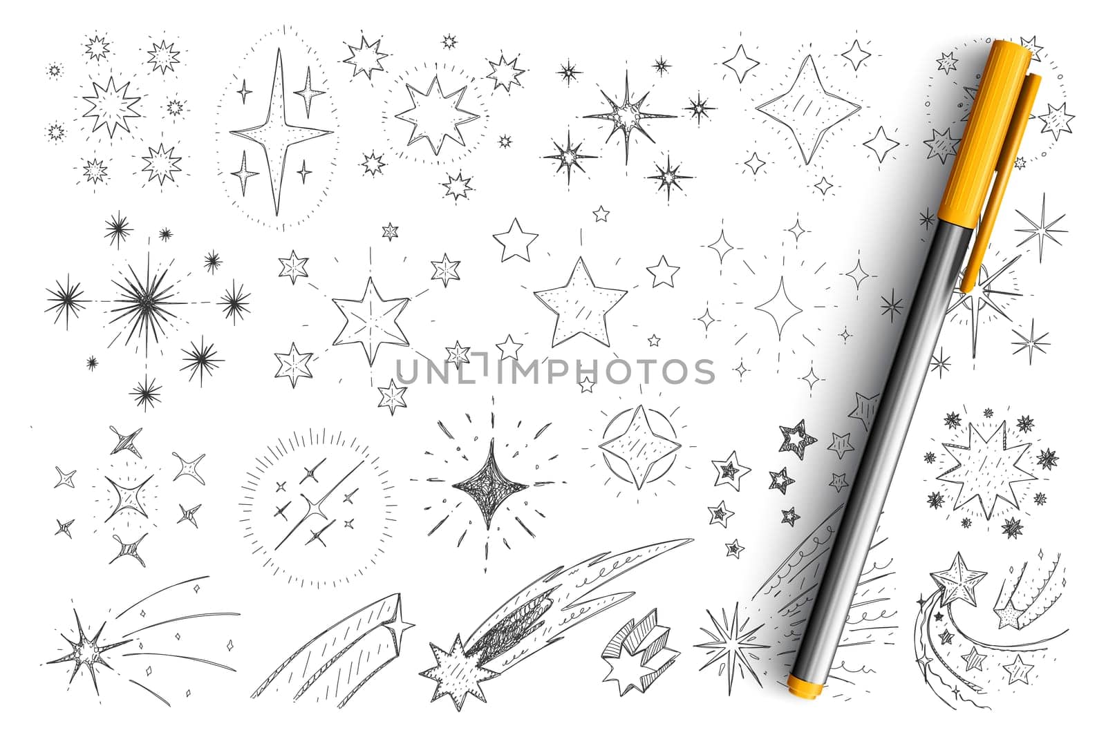 Stars and comets doodle set. Collection of hand drawn minimal silhouettes of stars, comet, constellation in galaxy and universe levitating and falling isolated on transparent background
