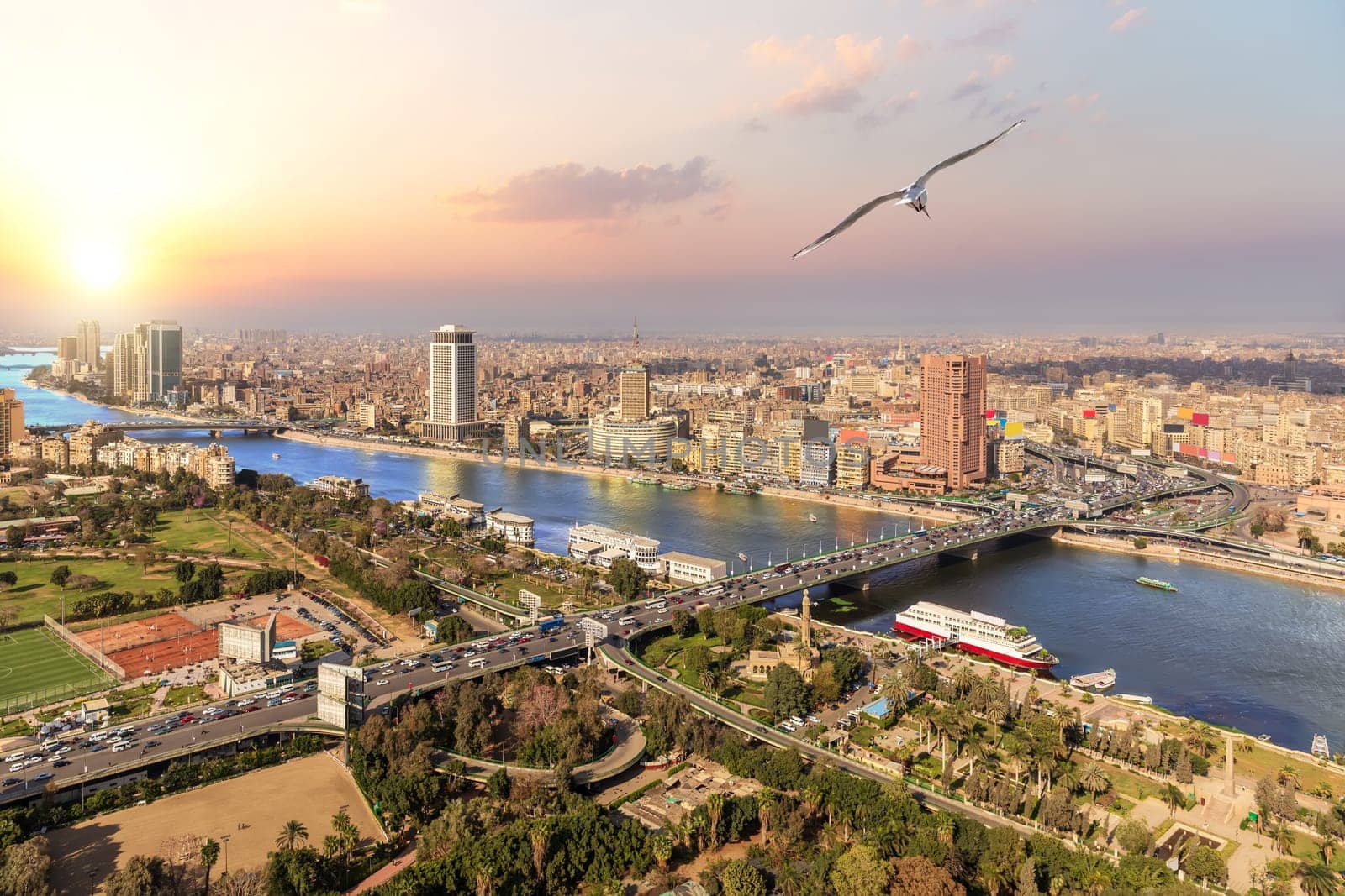Cairo and the Nile view, sunset photo, Egypt.