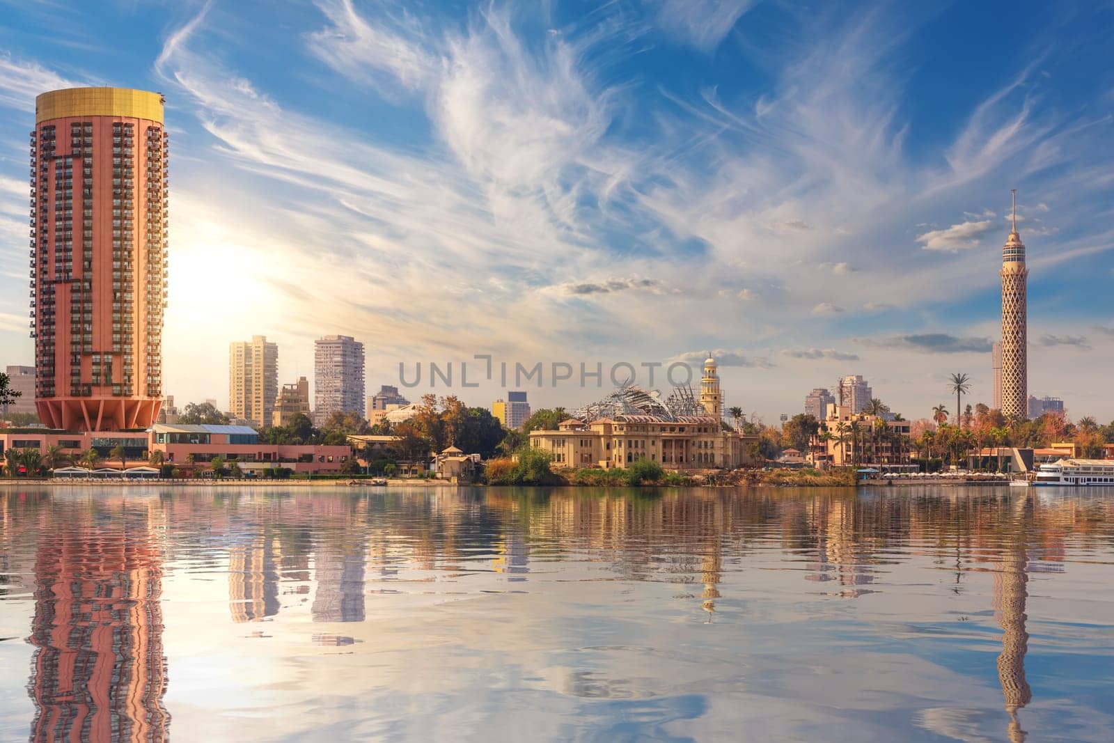 View on Cairo downtown, TV Tower and fashionable hotels in the harbour of the Nile, Egypt.