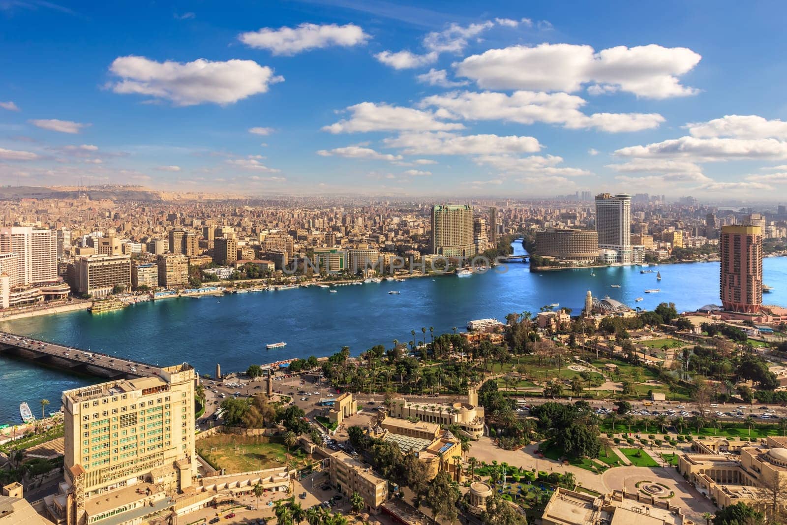 NIle view in Cairo downtown, aerial panorama, Egypt.