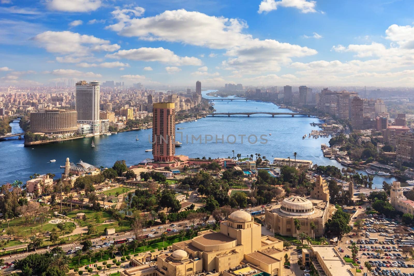 The Nile and the center of Cairo, Egypt, view from above.