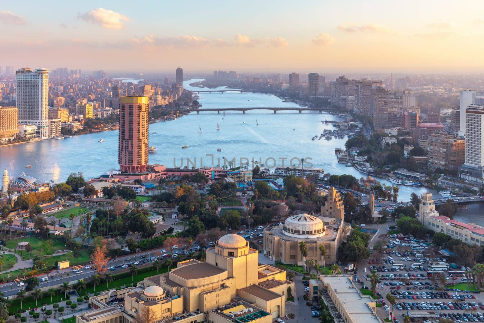 Modern Cairo, view on the Nile and the bridges, Egypt.