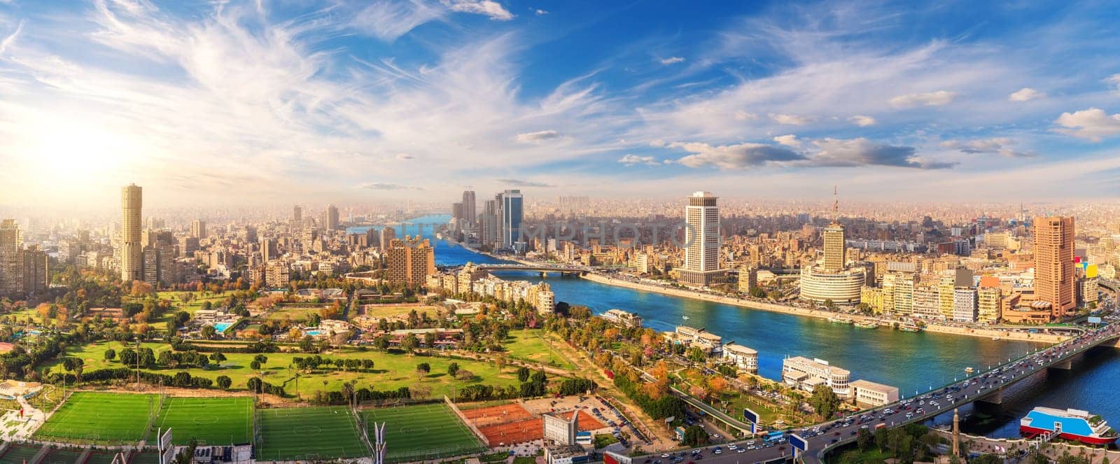 Beautiful panorama of Cairo and the Nile from above, Egypt.