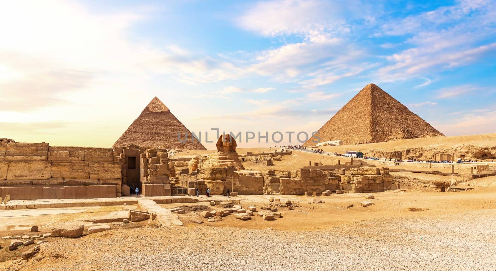 The Great Sphinx and the Egypt Pyramid Complex at sunset, Giza.