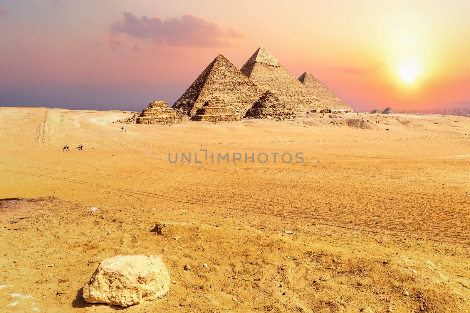 Famous Pyramids of Egypt at sunset, Giza.