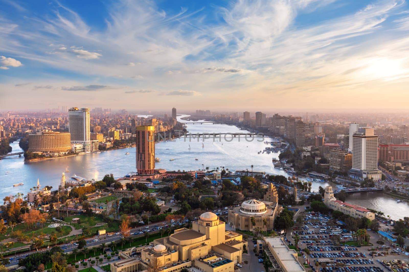 Downtown of Cairo and fabulous Skyscrappers on the Nile, aerial view, Egypt.
