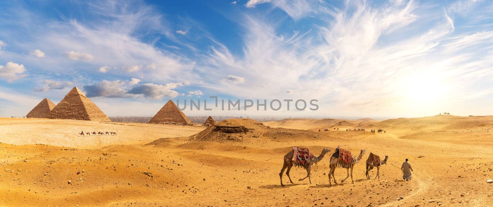 Pyramids of Egypt and a bedouin with camel caravan, sunset panorama, Giza.