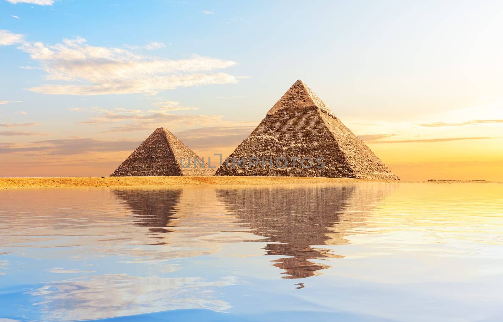 Pyramids of Egypt near the water, Giza .