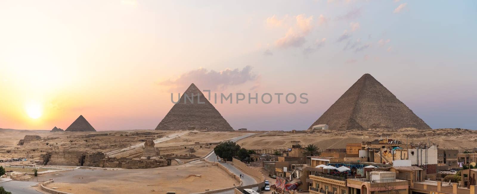 Giza live district in front of the Great Pyramids,Cairo, Egypt.