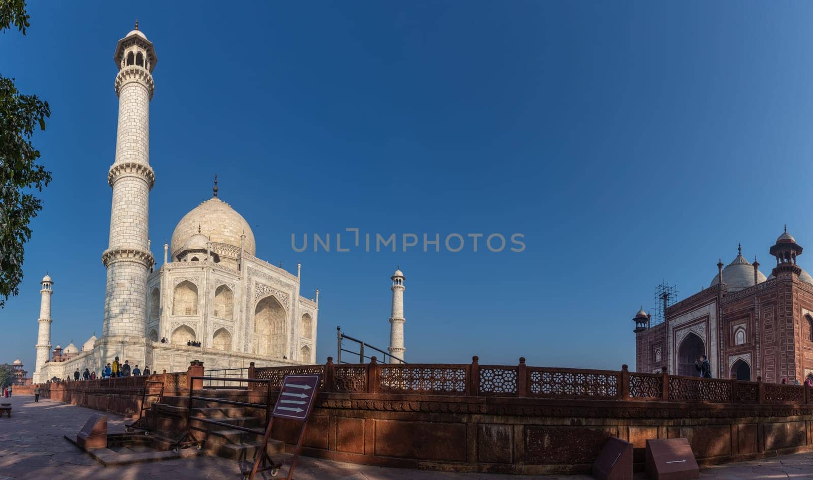Taj Mahal mosque close panorama, India.