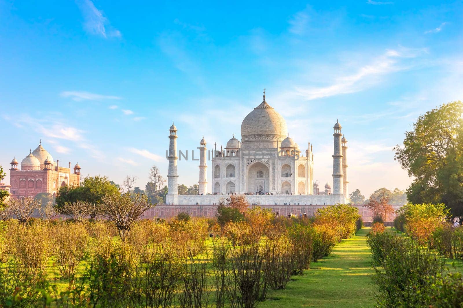 Beautiful garden by the Taj Mahal, famous place of visit, India, Agra.
