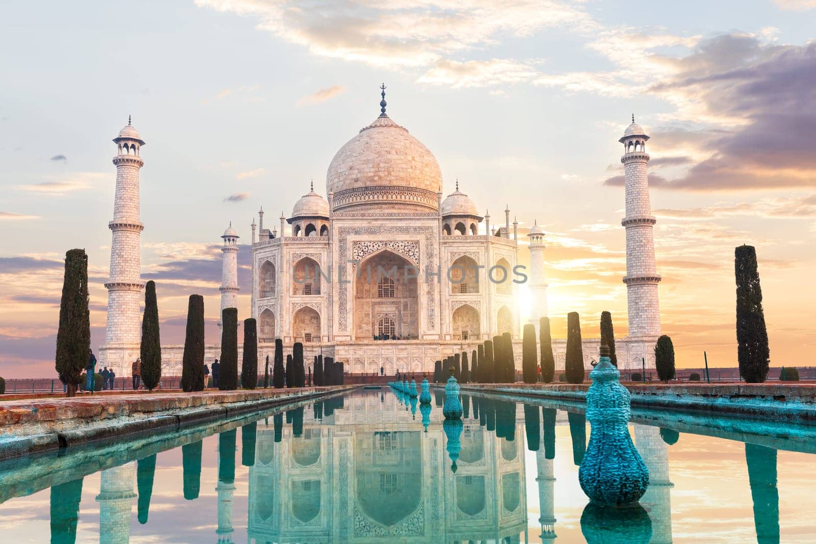 Taj Mahal at sunset, the main place of visit of India, Agra.