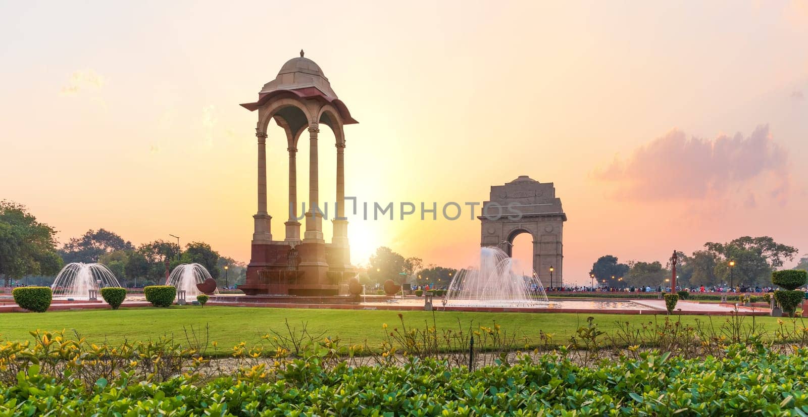 The India Gate and the Canopy at sunset in New Delhi, view from the National War Memorial.