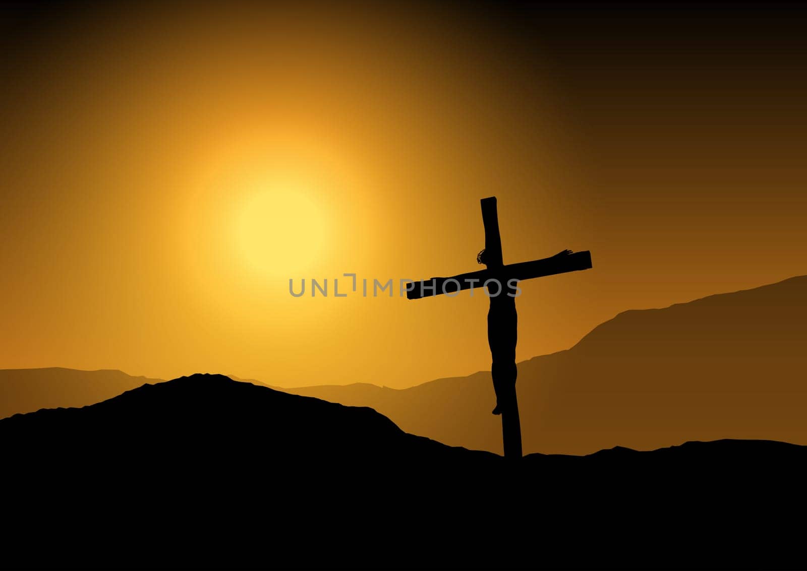 Silhouette of jesus on the cross against a sunset sky