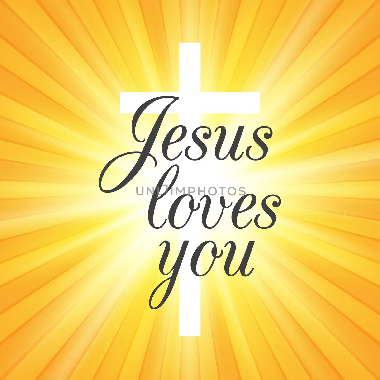 Jesus loves you text on a cross and starburst background