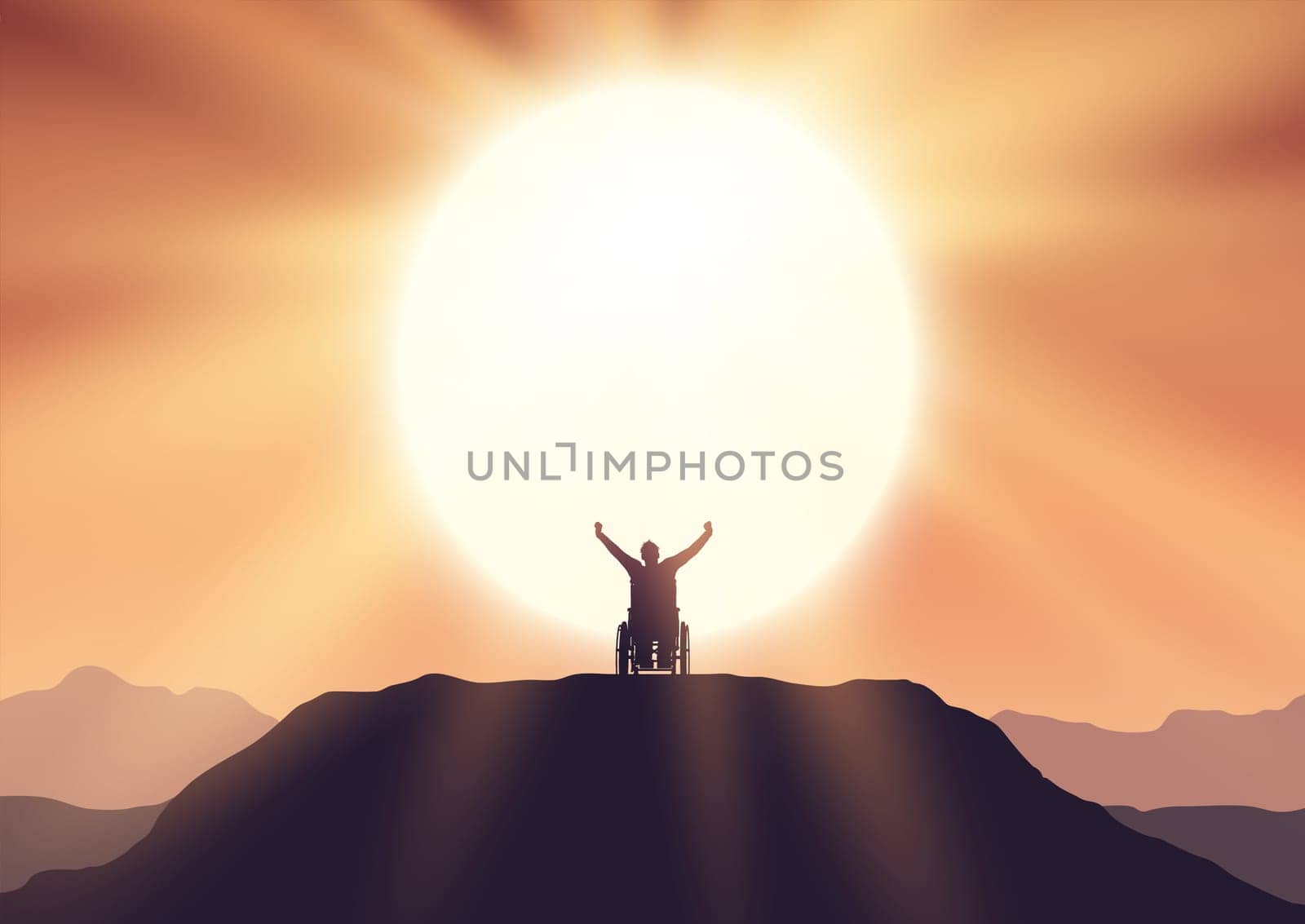 Silhouette of a male in wheelchair on top of a hill holding hands in the air with joy