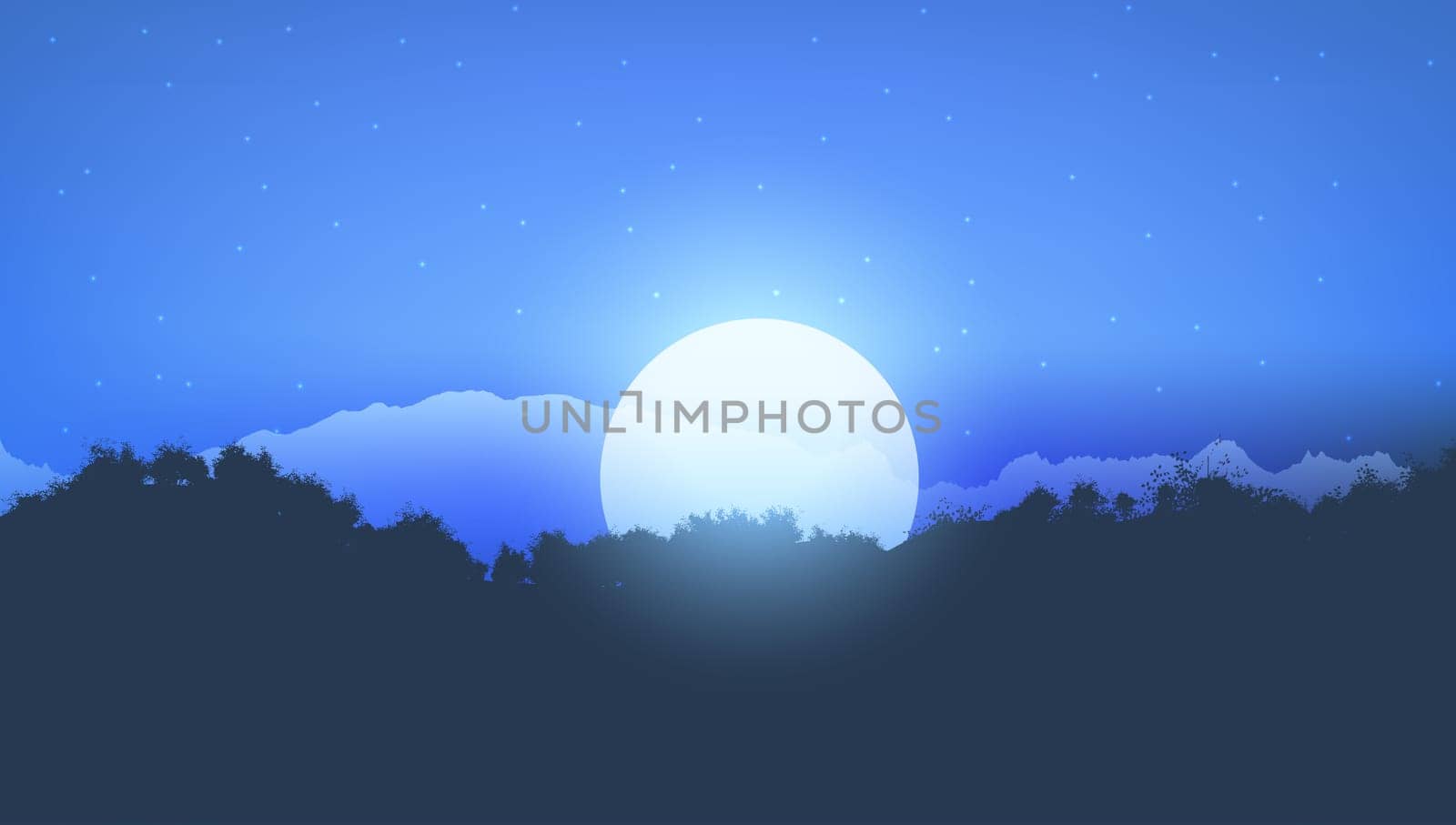 Silhouette of a tree landscape against a moonlit sky