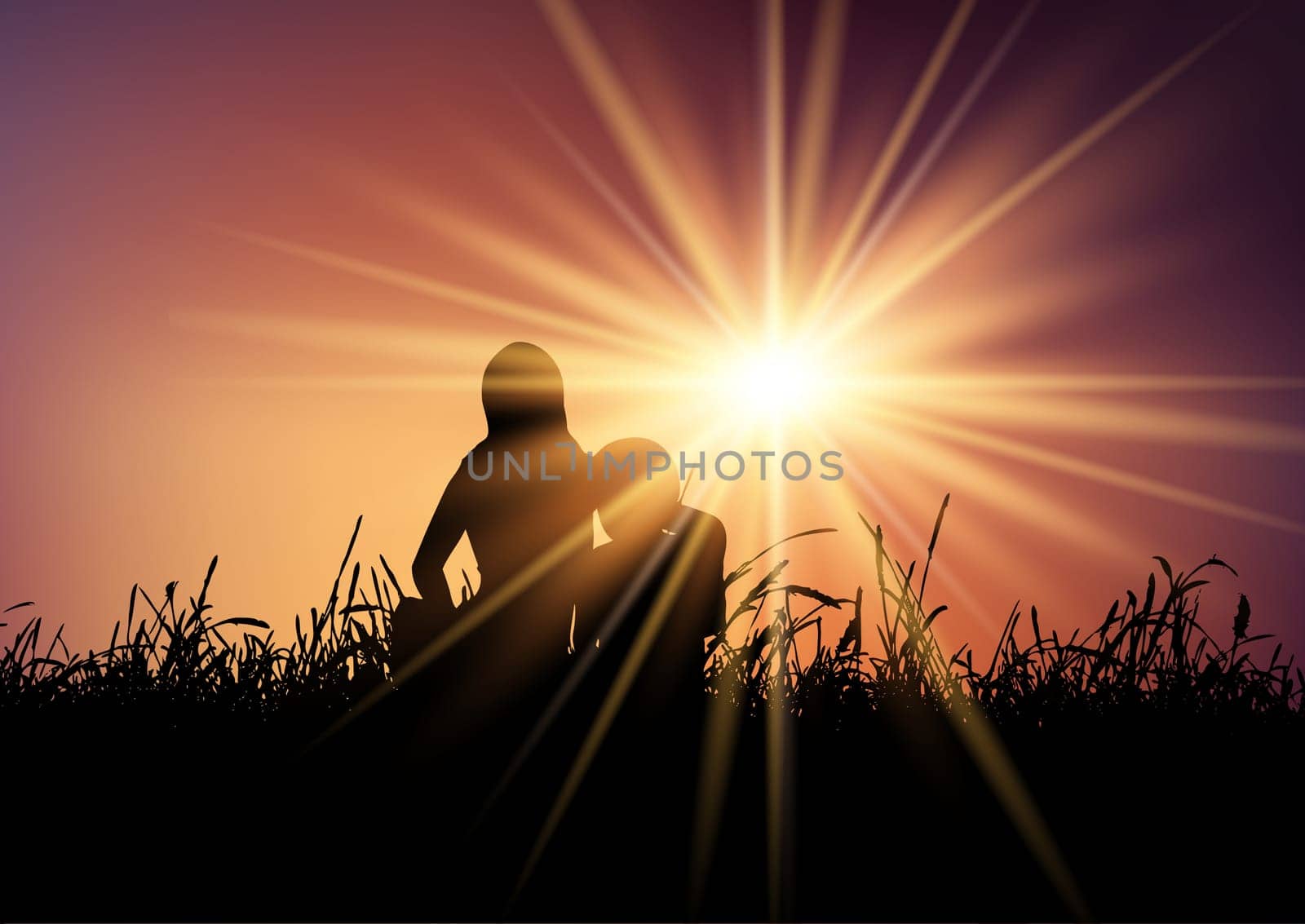 Silhouette of a mother and son against a sunset sky
