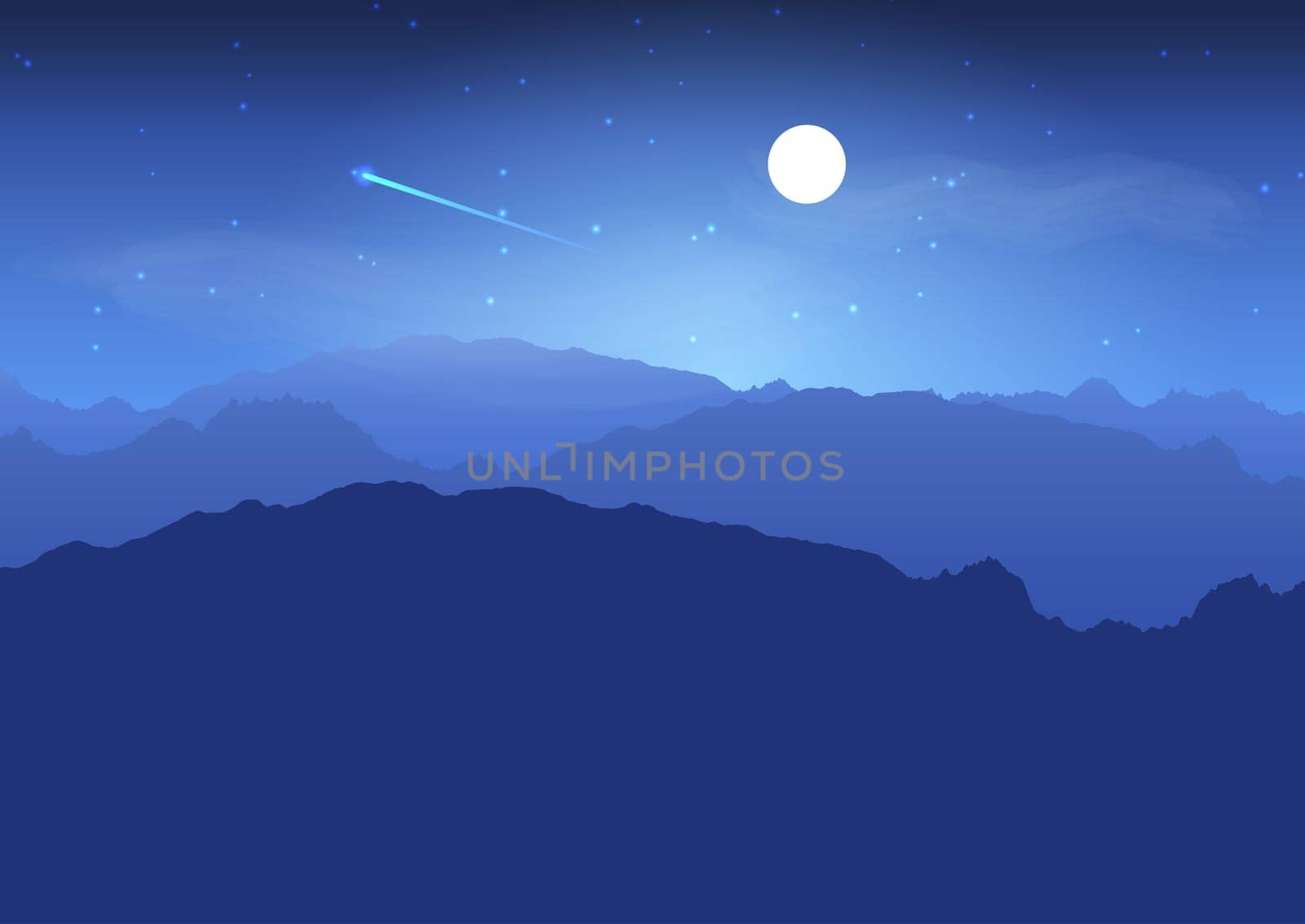 Abstract background with mountain landscape at night with shooting star in sky