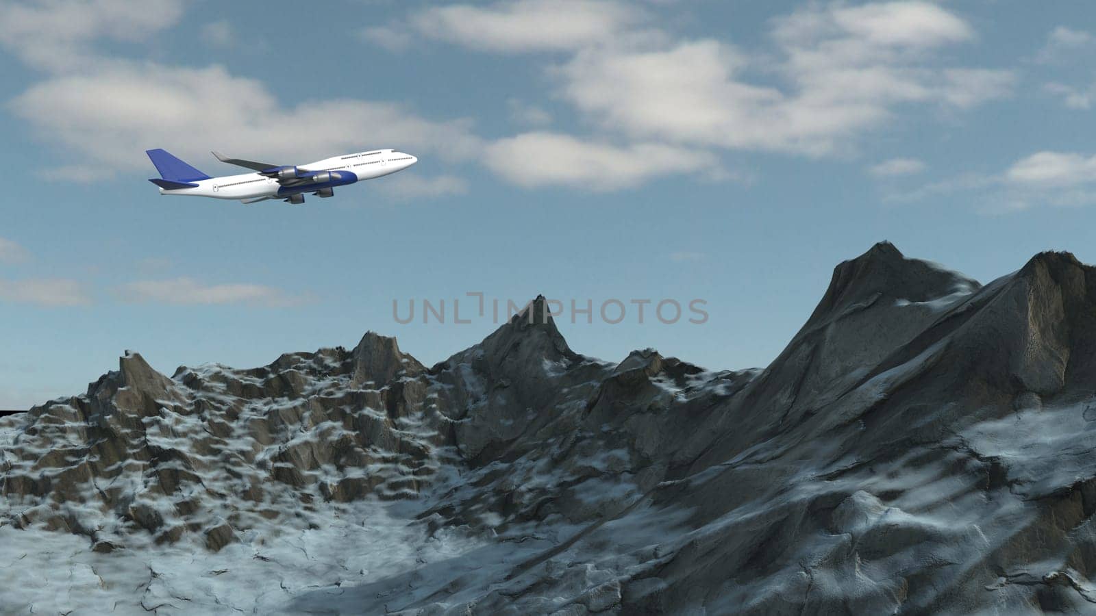 3d render of Airplane isolated on snowy mountain background