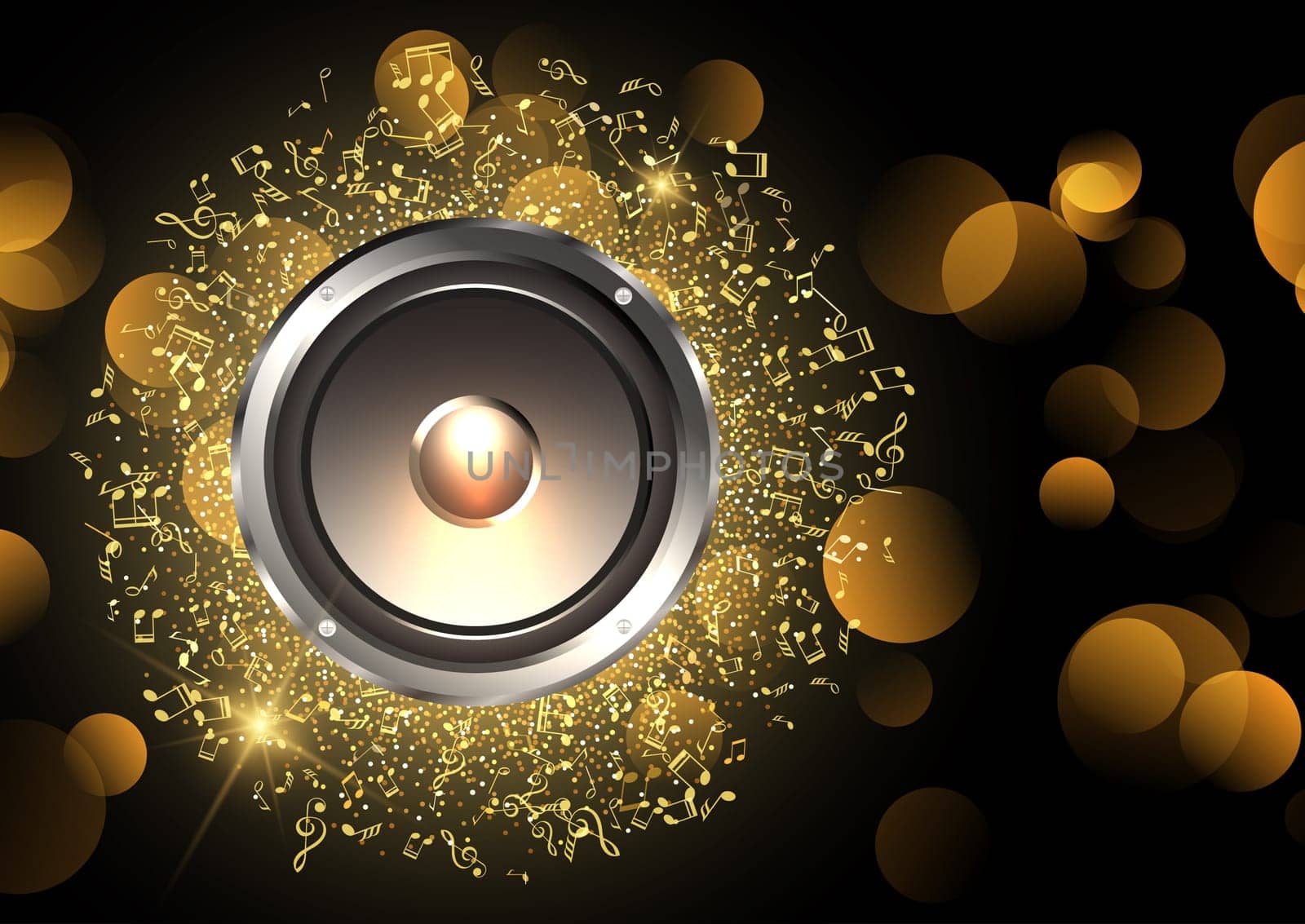 Music background with speaker and gold notes