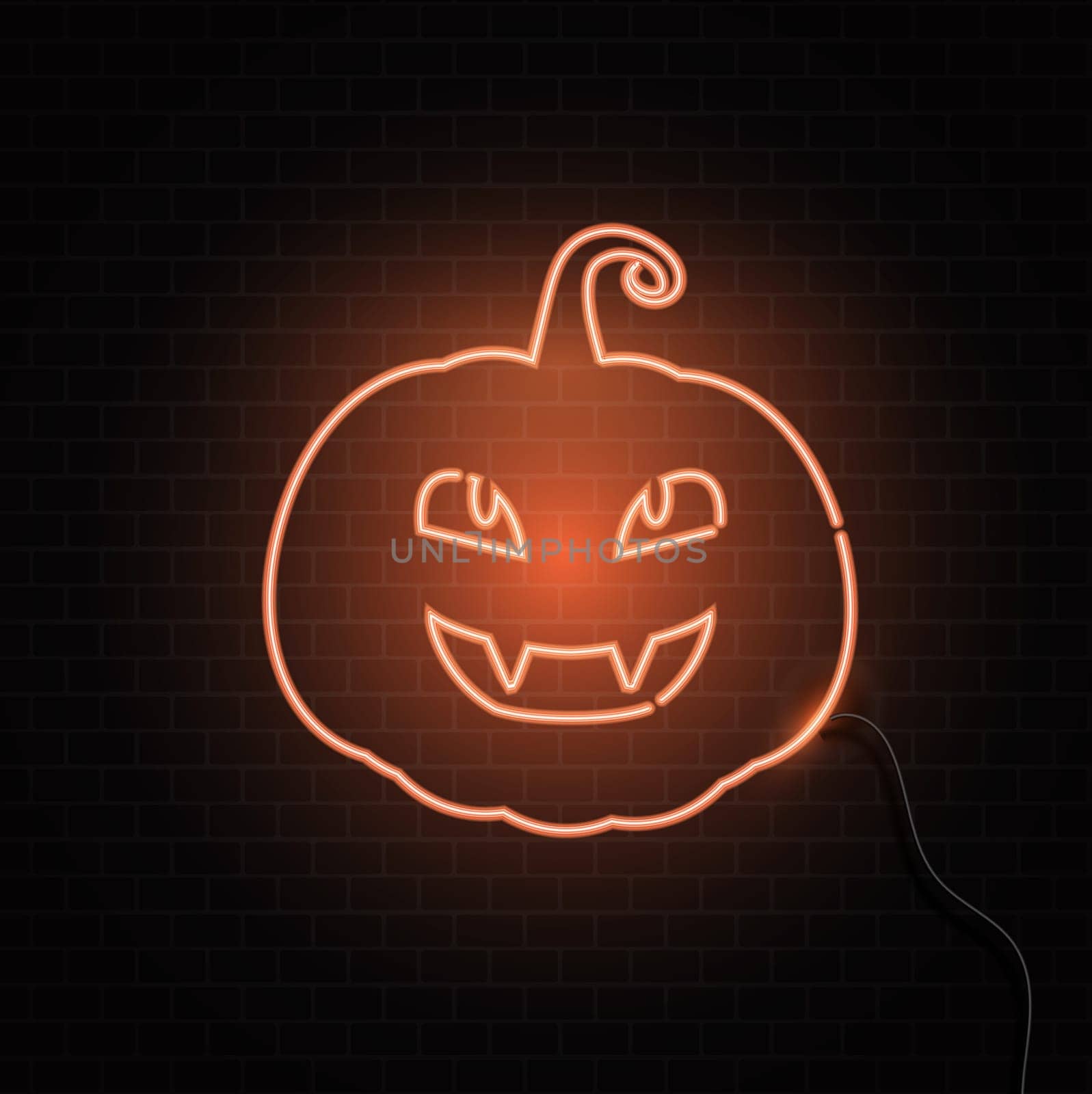 Glowing neon Halloween pumpkin sign on a brick wall texture