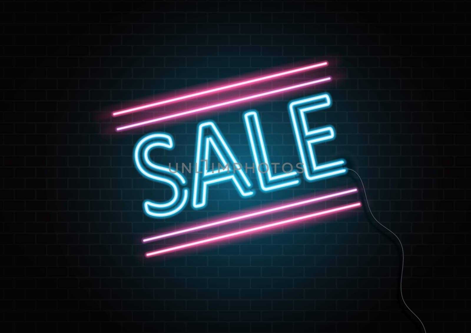 Neon glowing sale sign on a dark brick wall texture