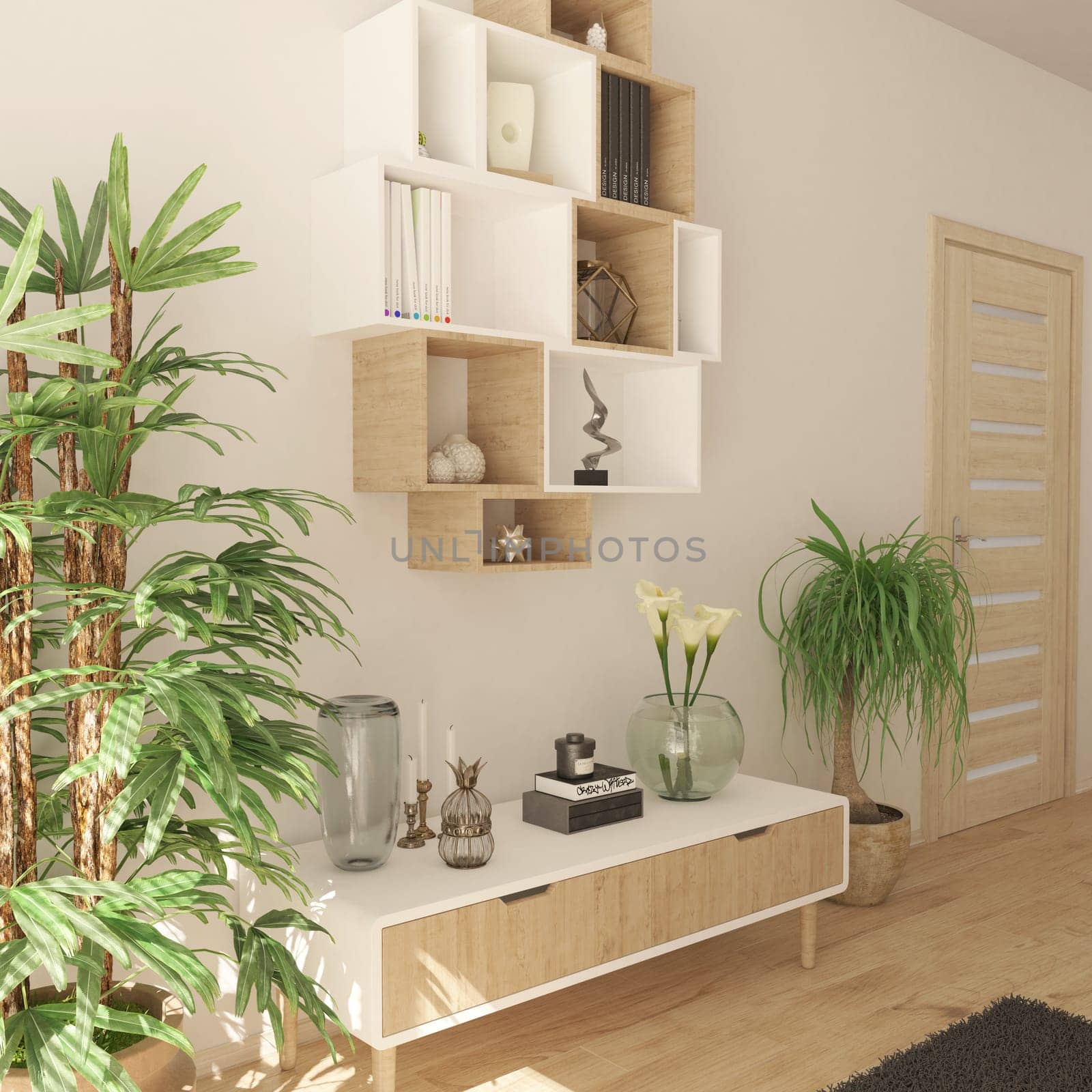 Render of 3D contemporary Living Room Interior and modern furniture