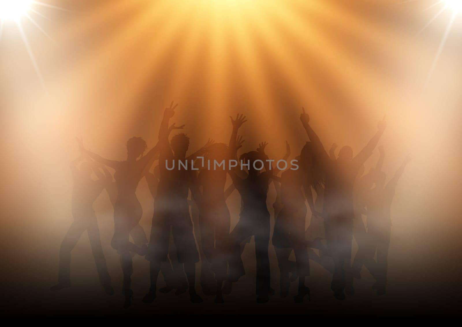Silhouette of a party crowd in a spotlit smoky atmosphere