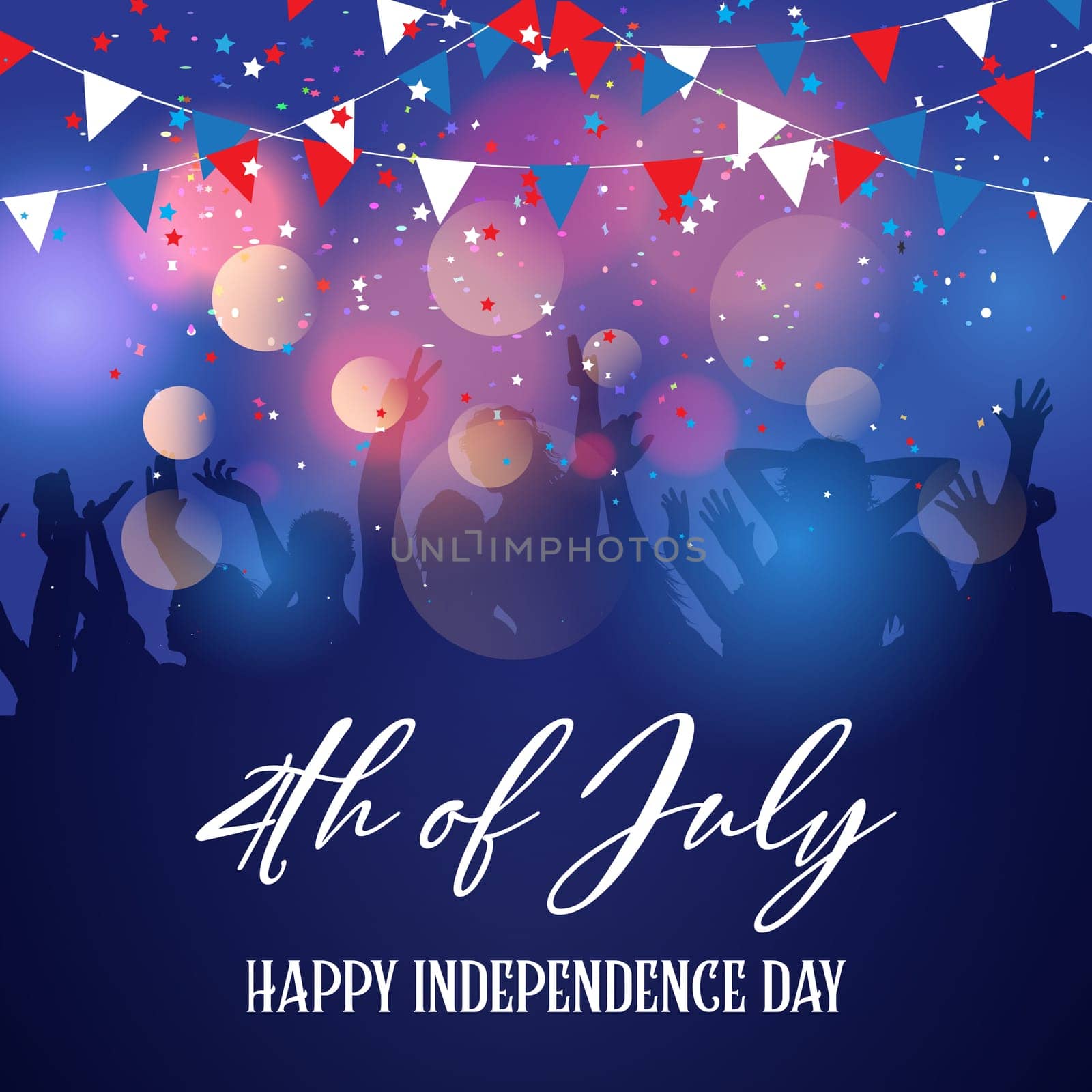 Silhouette of a party crowd on a 4th July Independence Day background