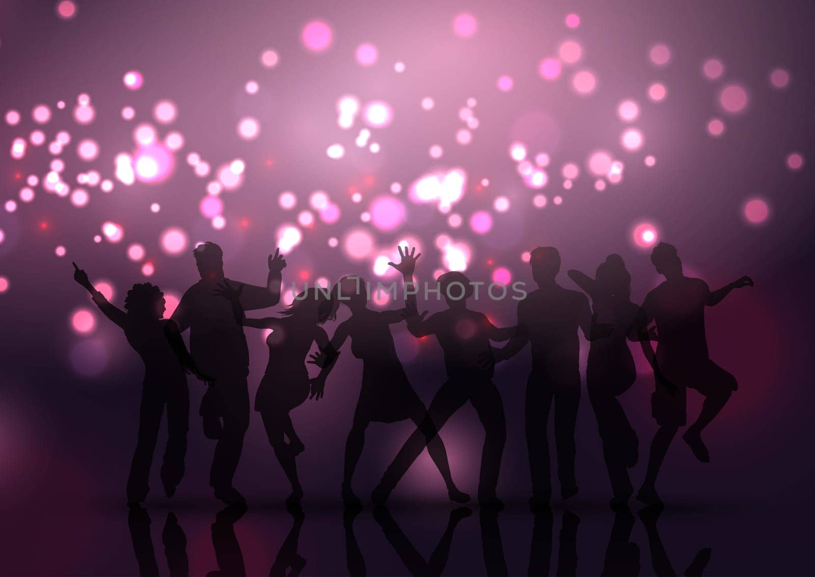 Silhouette of people dancing on a bokeh lights background