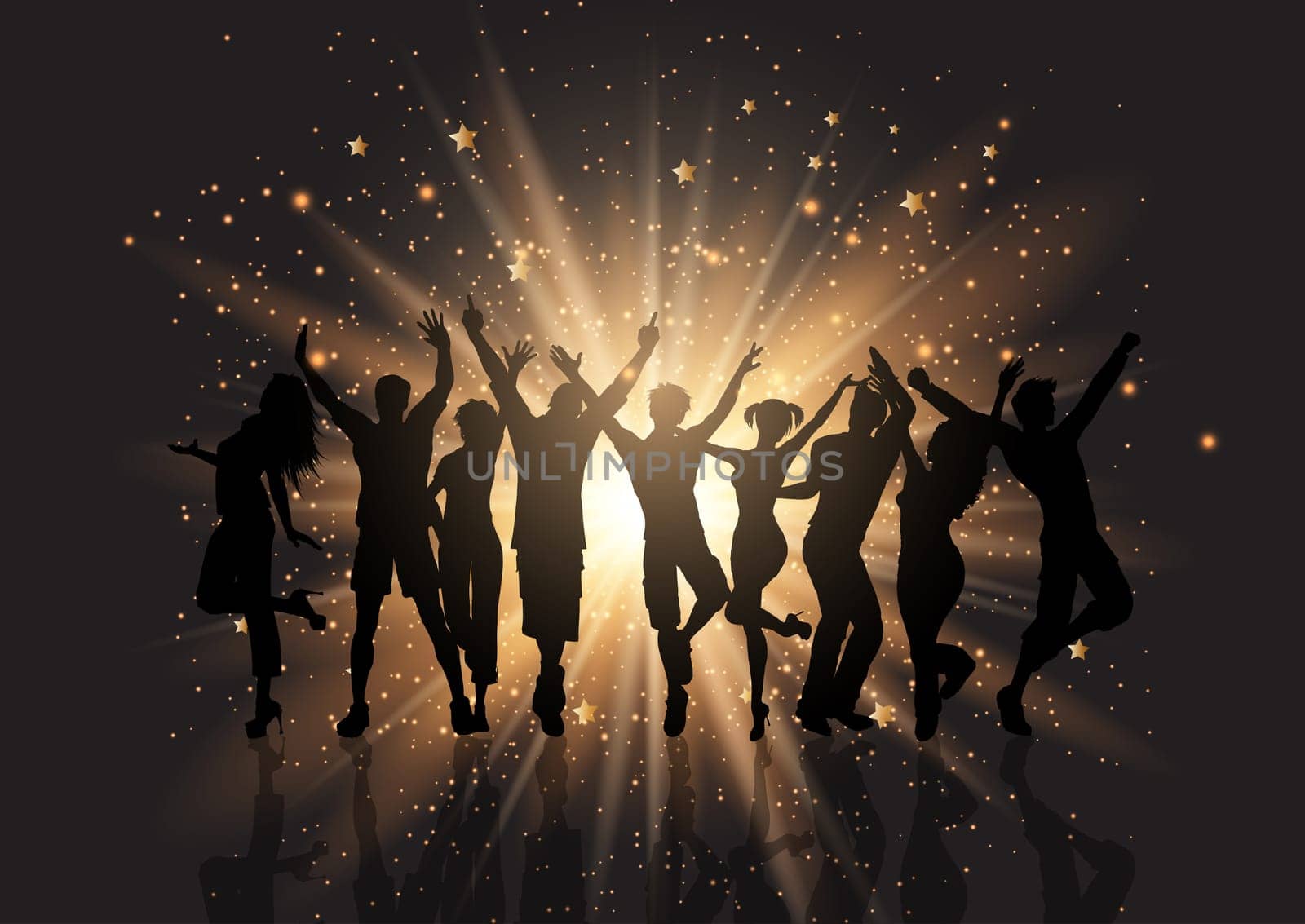 Silhouette of a party crowd on a starburst background