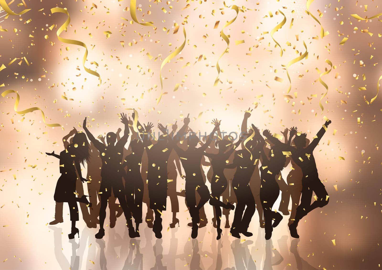 Silhouette of a party crowd dancing on a confetti and streamers background