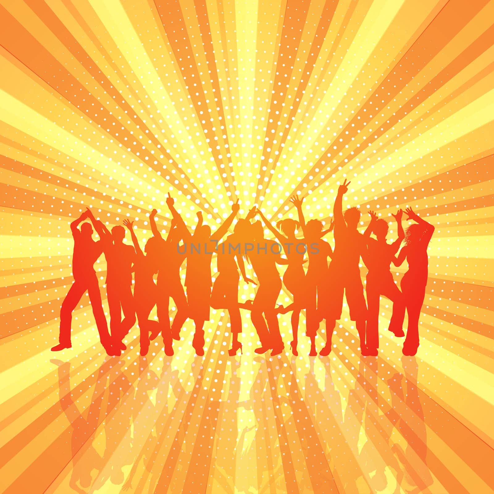 Silhouette of a party crowd on a retro starburst background
