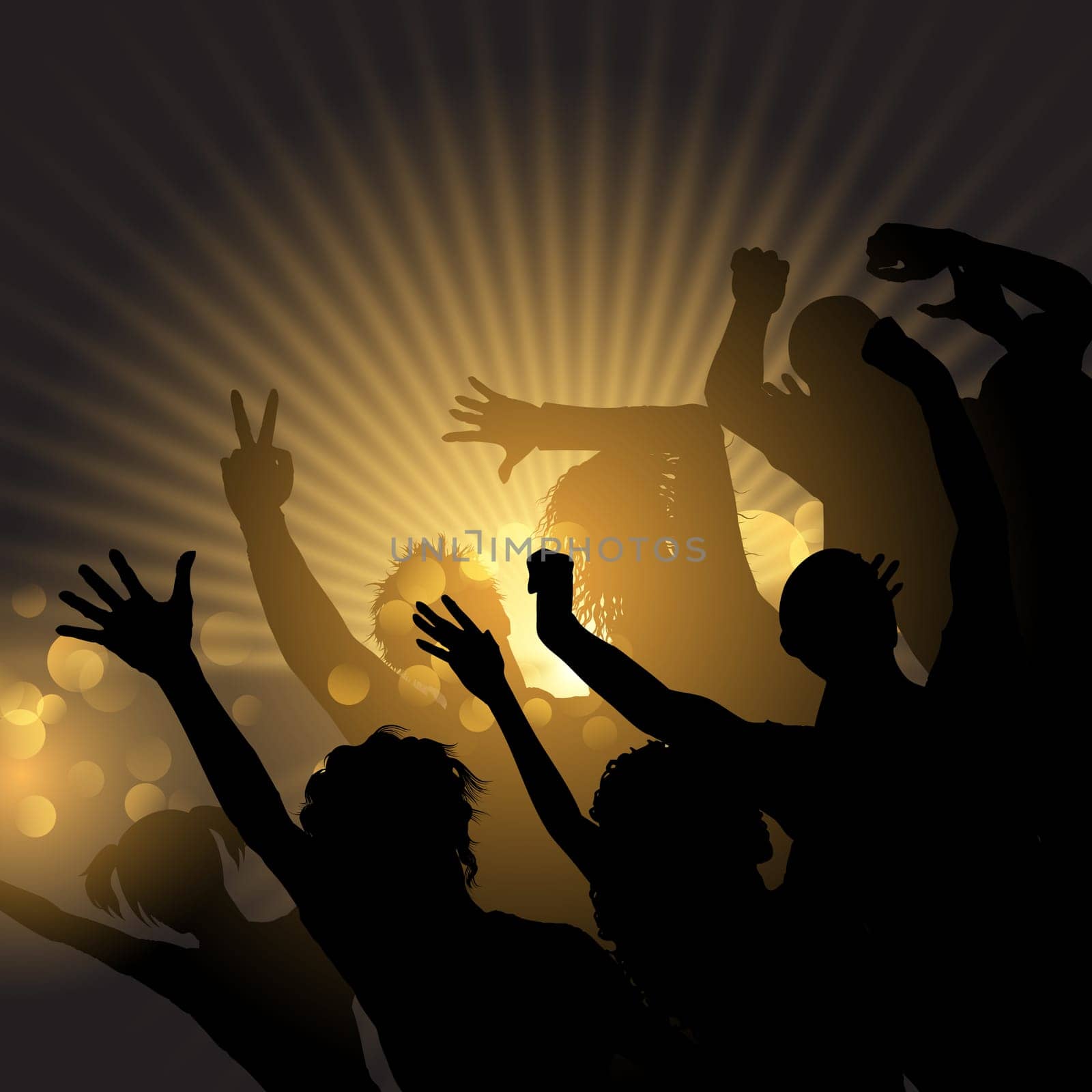 Silhouette of a party crowd on a starburst background