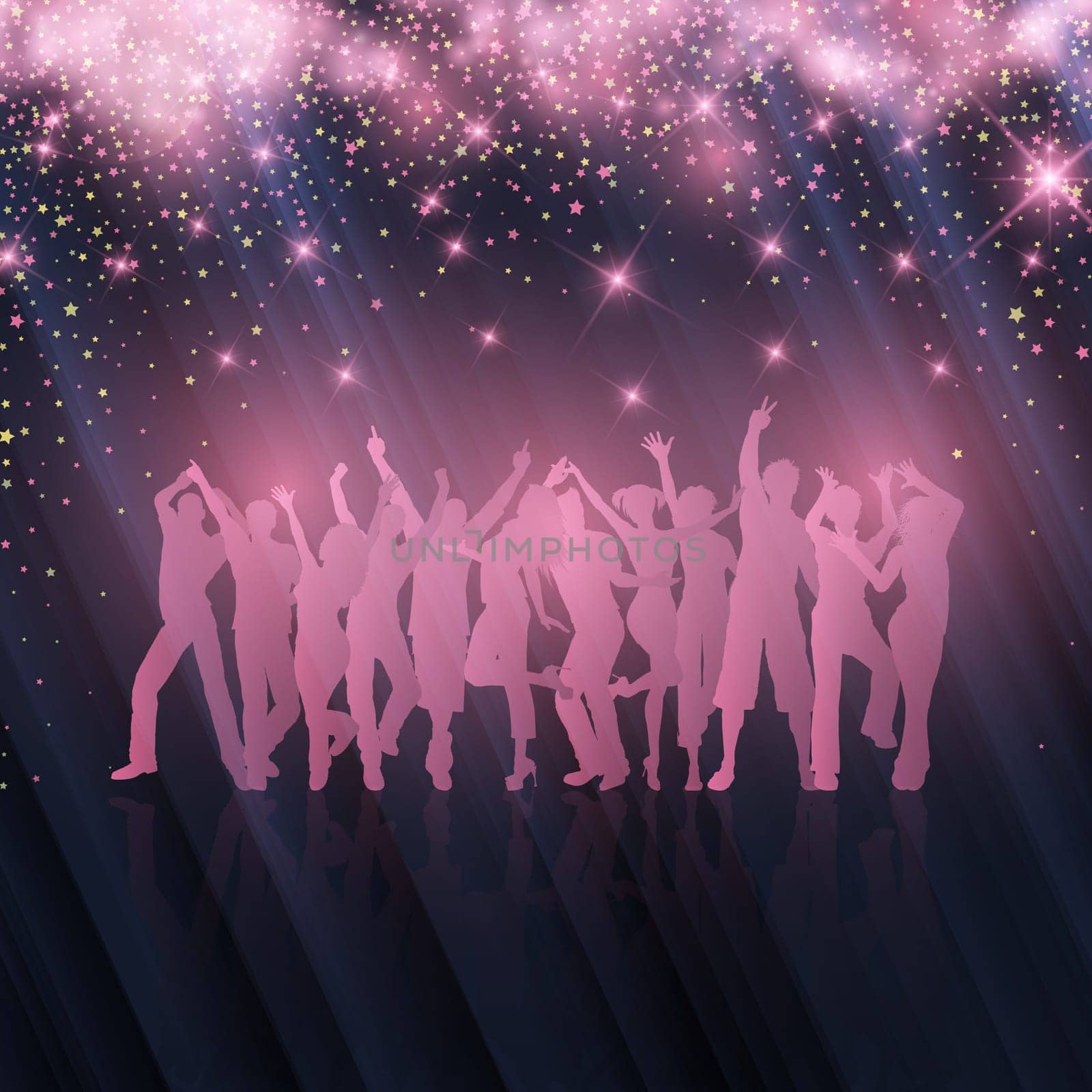 Silhouettes of people dancing on a starry background