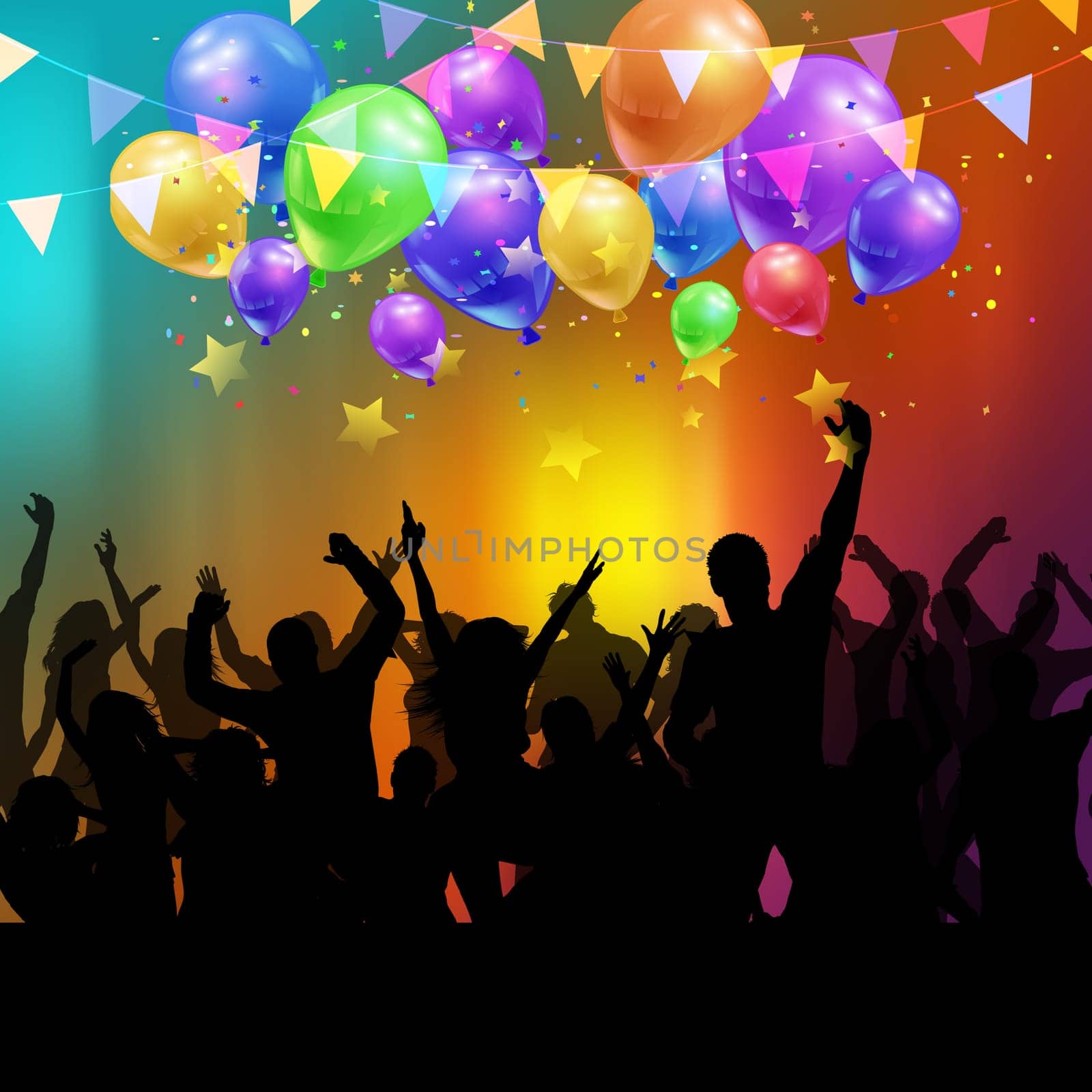 Silhouette of a party crowd with balloons and confetti