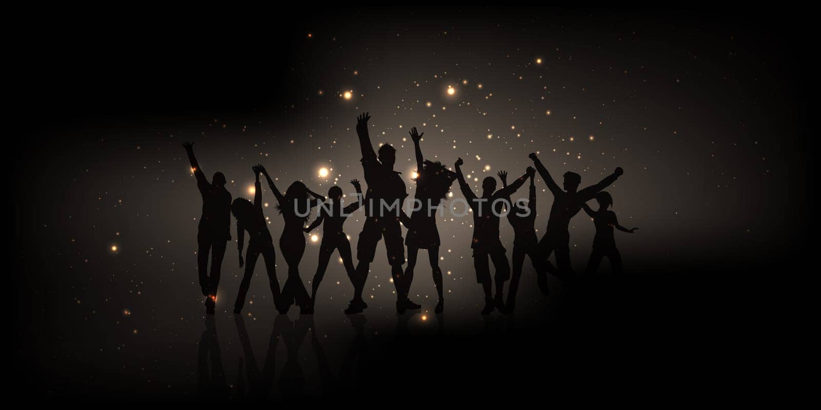Silhouettes of people dancing on a glowing lights banner
