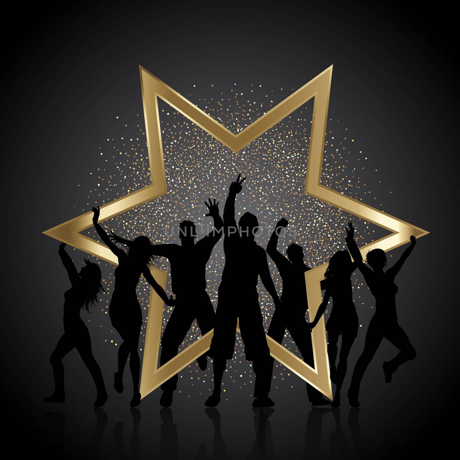 Silhouettes of people dancing with gold star and glitter