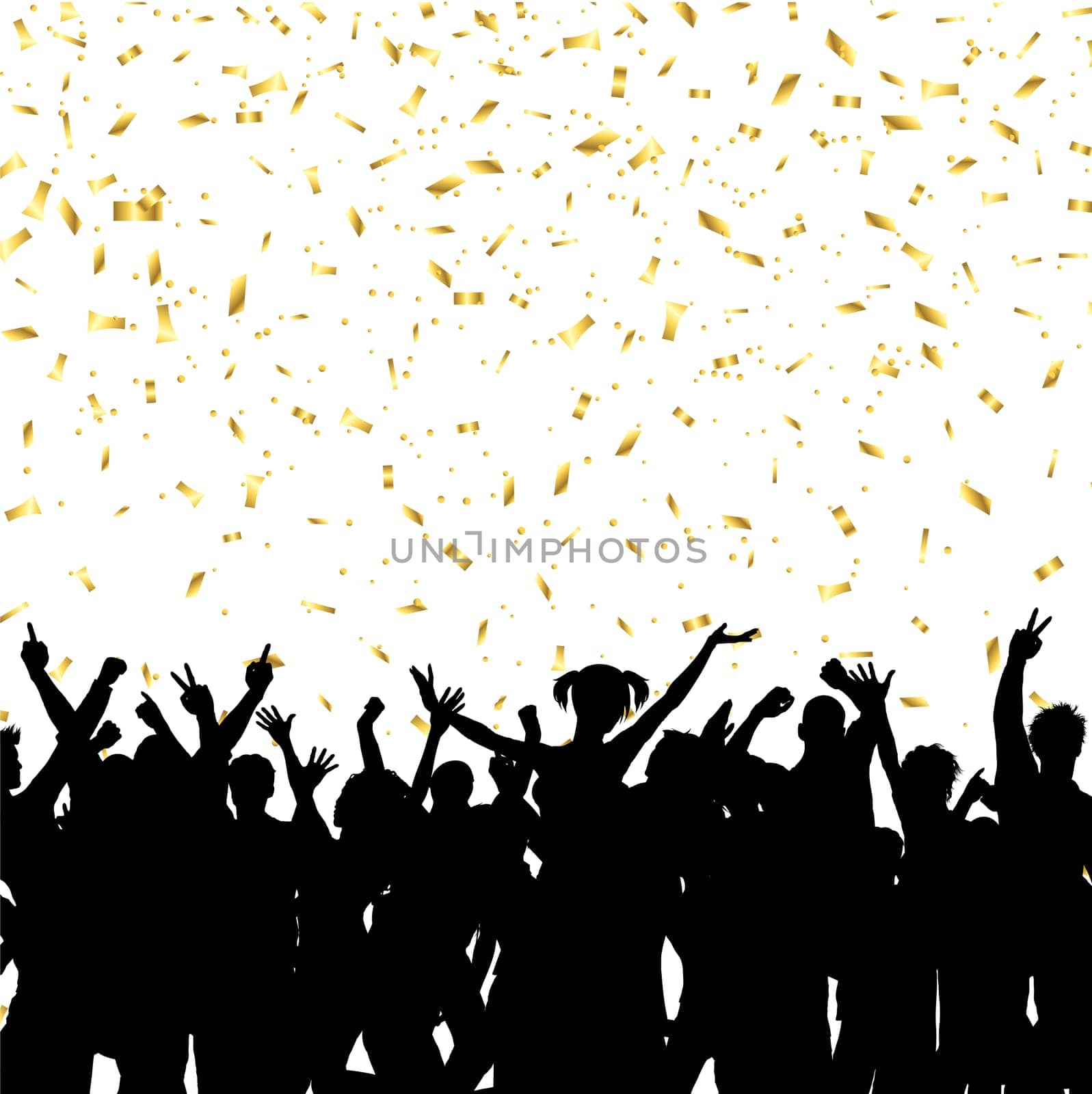 Silhouette of a party crowd on a gold confetti background