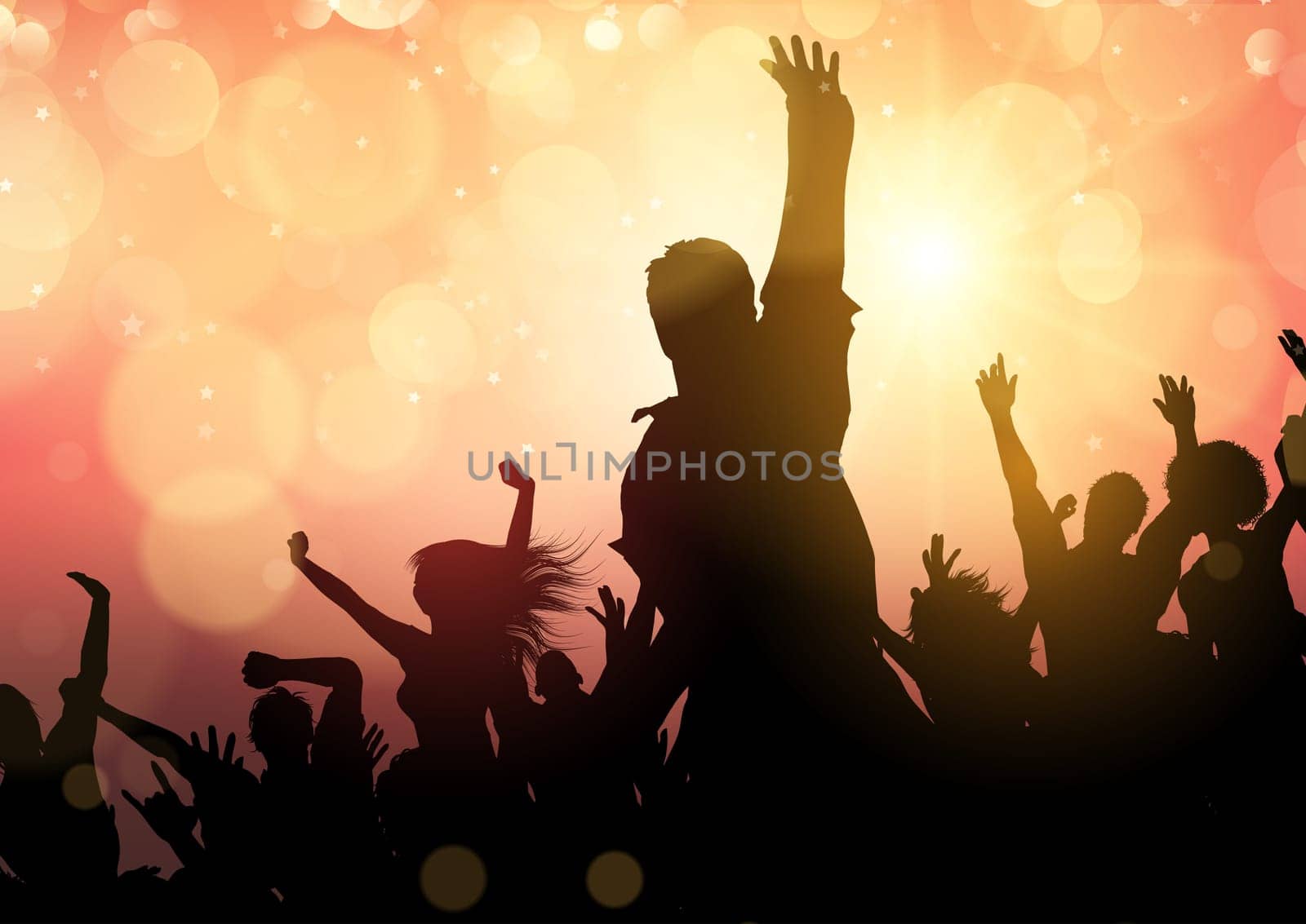 Silhouette of a party crowd on a bokeh lights background