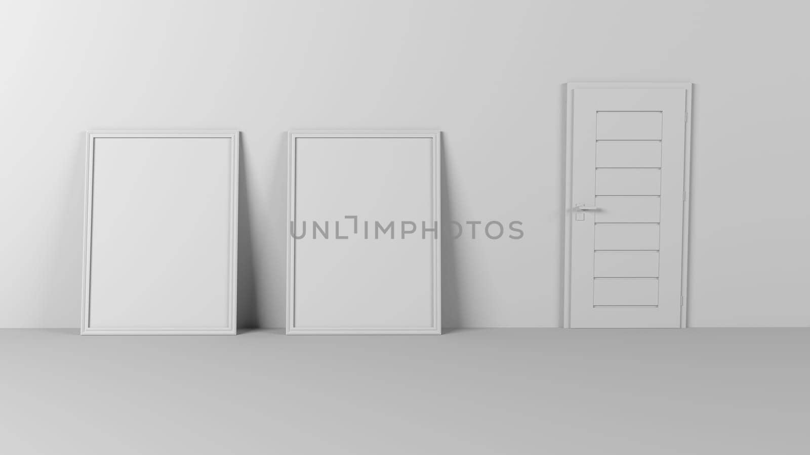 Render of 3D Blank Picture Frames on Empty Wall
