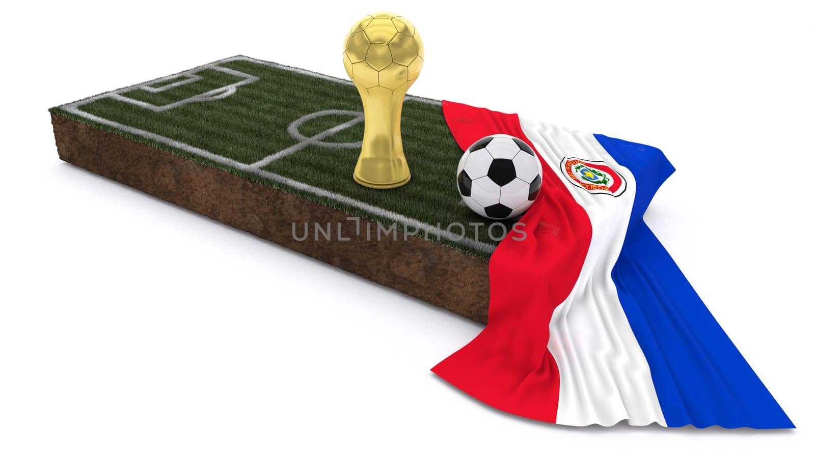 3D Render of Soccer Bal and trophyl on Grass Patch with flag