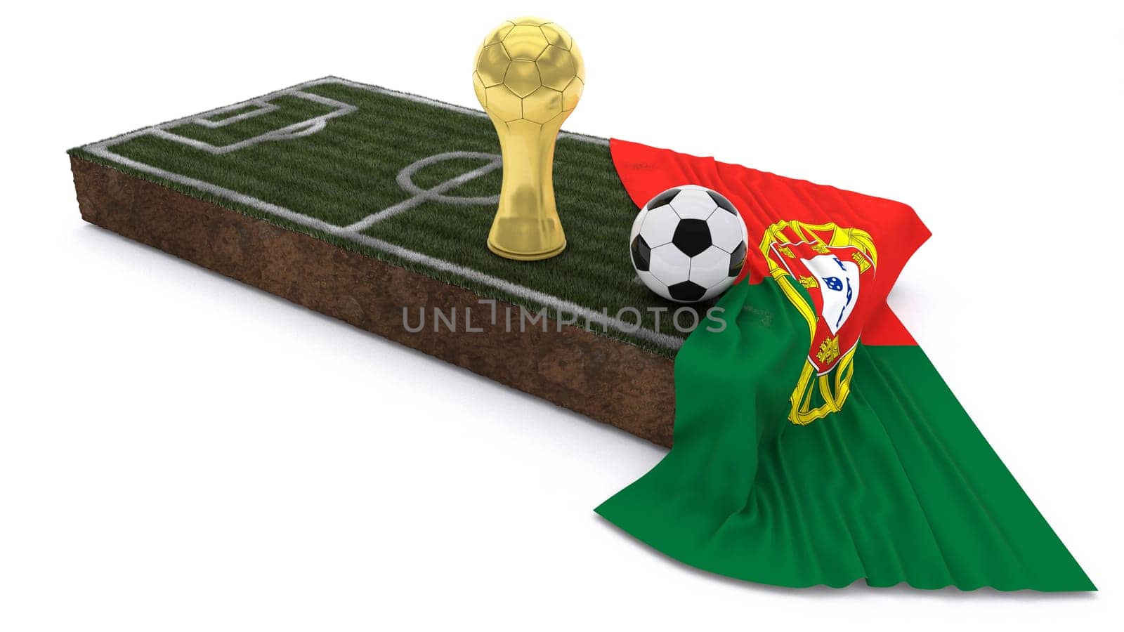 3D Render of Soccer Bal and trophyl on Grass Patch with flag