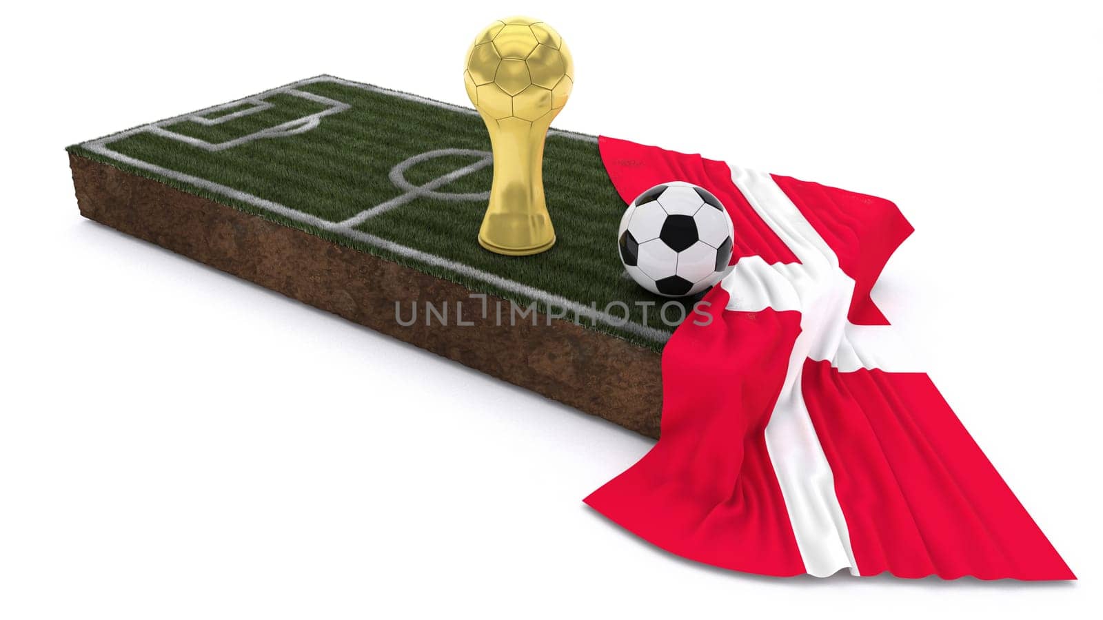 3D Render of Soccer Bal and trophyl on Grass Patch with flag