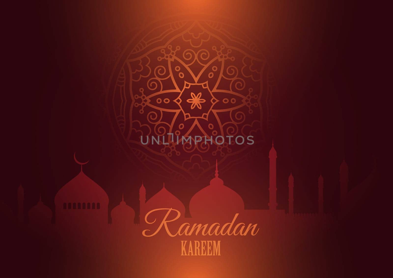 Ramadan Kareem background with silhouettes of mosque and mandala design